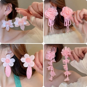 Pink floral tassel drop earrings with sweet chiffon petals and beads for summer style
