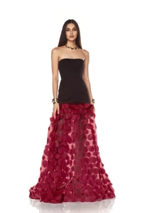 Detail of evening gown featuring contrasting strapless bodice and 3D floral mesh skirt