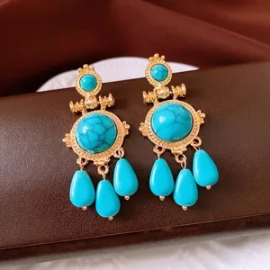 Vintage gold turquoise round drop earrings with bohemian style stone pendant jewelry