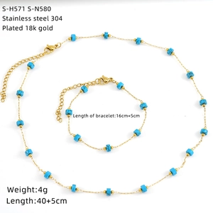 Detailed specs of 18k gold plated stainless steel necklace and bracelet set with blue beads