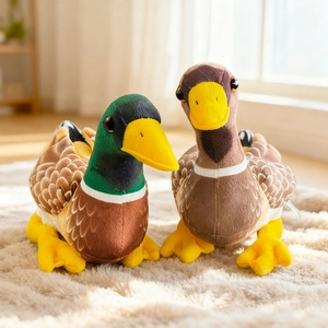 Set of two realistic mallard duck plush toys on a soft carpet in a cozy home setting
