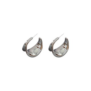 Minimalist silver C-shaped metal earrings with polished drop design and mirror finish