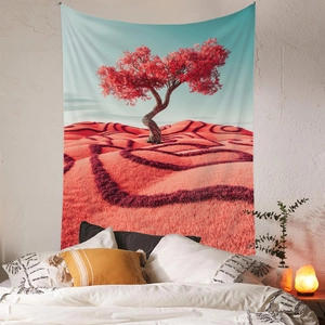 Tapisserie bohème avec paysage rouge surréaliste pour décoration murale de chambre