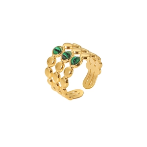 Bague multicouche en acier inoxydable doré 18K avec pierres de malachite verte