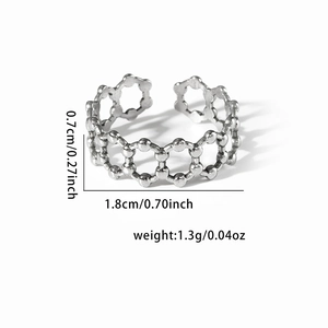 Detail showing dimensions of silver honeycomb hollow ring with adjustable open band