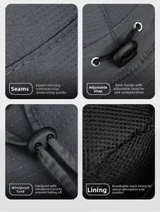 Detail view of quick-dry sun hat showing ripstop fabric, mesh lining, and windproof strap
