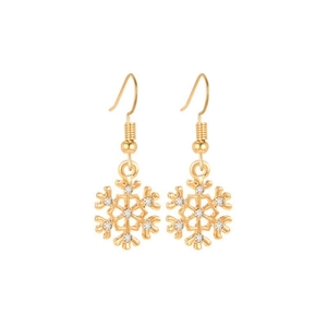Detailed view of golden snowflake earrings with sparkling rhinestones and hook closure