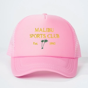 Close-up of Malibu Sports Club embroidery on the pink mesh trucker hat crown