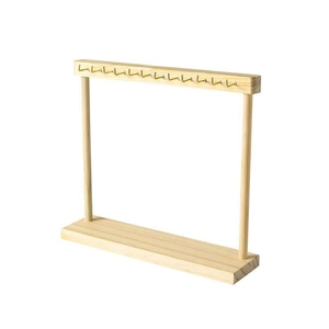 Wooden necklace display stand with 12 gold hooks and a solid base for jewelry storage