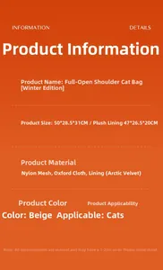 Detailed size specifications for beige winter pet carrier bag with polar fleece lining
