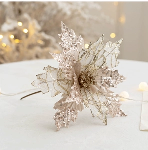 Detail of 20cm champagne gold sequin poinsettia with glitter petals for Christmas tree decor