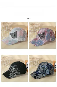 Detailed grid of lace baseball caps with rhinestone butterfly in four vibrant colors