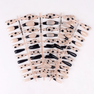 French long ballet press-on nails set with black flower patterns and French tips