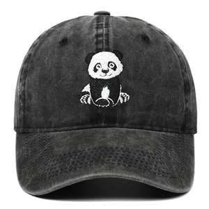 Washed dark gray cotton baseball cap featuring a detailed panda embroidery on the front