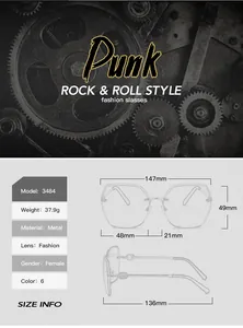 Detailed size chart for retro punk metal flip-up sunglasses with full frame dimensions