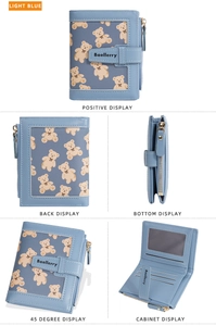 Detailed multi-angle views of a light blue leather wallet with cute bear print pattern