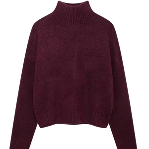Women Turtleneck Knitted Sweater Pullover Polyester Solid Color Loose Fit Casual Long Sleeve Drop Shoulder