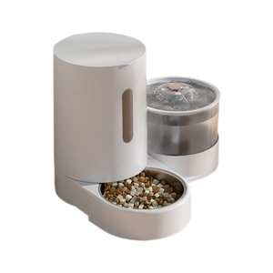Automatic white pet feeder and water fountain with stainless steel bowl and food storage