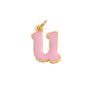Detail shot of a small gold-plated letter u pendant with pink enamel filling for jewelry