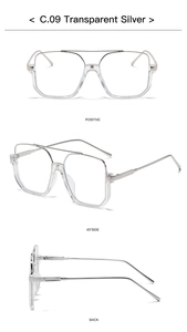 Three-view layout of large frame sunglasses in transparent silver with metal temples