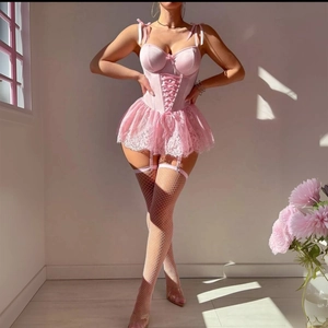 Detailed view of pink lace corset with ribbon bow ties and sheer mesh stockings