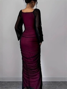 Elegant wine red maxi dress with black mesh sleeves and ruched texture details