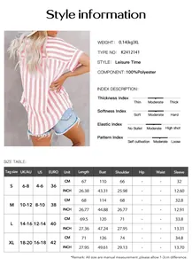 Size chart and fabric details for short sleeve striped printed leisure shirt for women