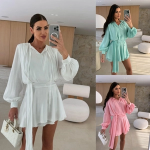 Elegantes Satin V-Ausschnitt Mini Kleid Lange Laternenärmel Bindegürtel Lässige A-Linie Einfarbig Anspruchsvolle Pendlerkleidung