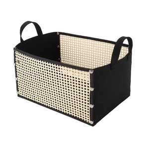 Handwoven rattan and felt storage basket with metal rivets and sturdy dual handles