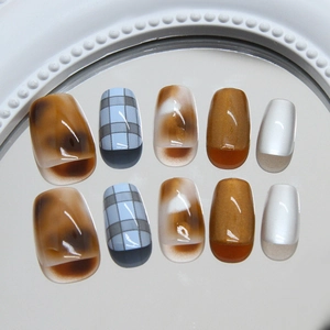 Brown amber smudge and blue-gray plaid press-on nails with cat eye finish, 10-piece set