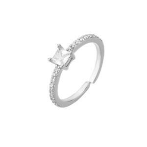 Princess cut cubic zirconia adjustable silver ring with pave setting for women