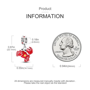 Detail of red crab pendant charm with dimensions and size comparison to a quarter coin