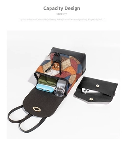 Detail showing high capacity of geometric backpack with power bank and wallet inside