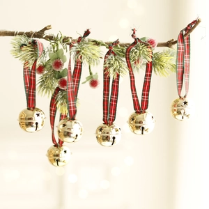 Christmas Bell Pendants Star Shaped Hollow Metal Gold With Red Green Plaid Ribbon Holiday Tree Decoration Hanging Ornament