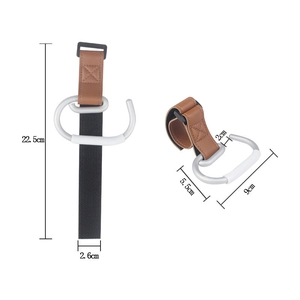 Universal stroller hook with brown leather strap and large silver alloy carabiner