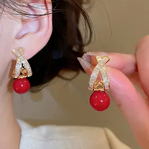 Cross Geometric Zircon Drop Earrings With Silver Earring Post Red Faux Artificial Pearl Retro Elegant Luxury Jewelry For Women
