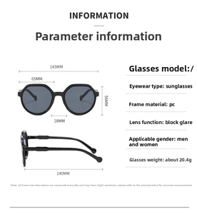 Detailed technical drawing showing dimensions and specifications of unisex sunglasses