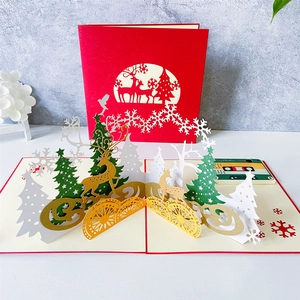Christmas Greeting Cards 3D Pop Up Holiday Gift Cards Laser Cut Hollow Paper Santa Reindeer Tree Festive Card