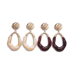 Vintage geometric resin hoop earrings with textured gold metal and marble acrylic charms