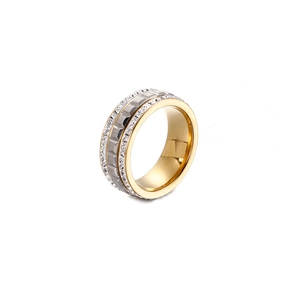 Two-tone rose gold and silver stainless steel ring with micro-pave crystals decoration