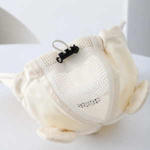 Summer baby mesh bucket hat with cute ears and adjustable drawstring in beige color