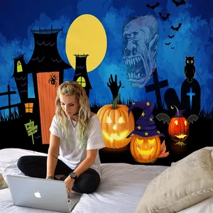 Detailed view of Halloween tapestry with pumpkins and castle used for bedroom wall decoration