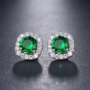 Elegant green zircon stud earrings with white diamond halo in square silver setting