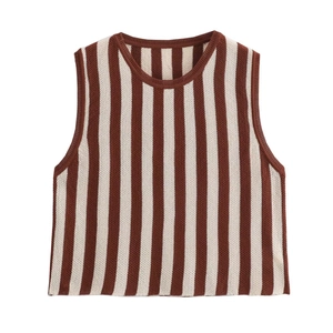 Set donna con canotta chic in maglia a righe e pantaloni patchwork coordinati marrone e beige