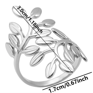 Detail showing dimensions of silver leaf adjustable stainless steel ring, 3cm height