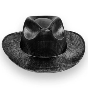 Detail of black metallic cowboy hat with shimmering silver laser glitter coating finish