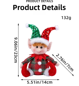 Detailed dimensions of sitting Christmas elf doll with sequin hat and festive attire