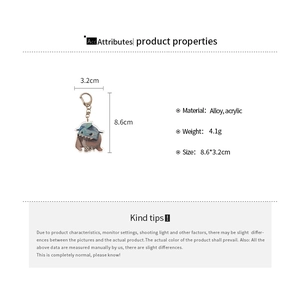 Detailed view of cartoon cat keychain with size 8.6x3.2cm and alloy acrylic material