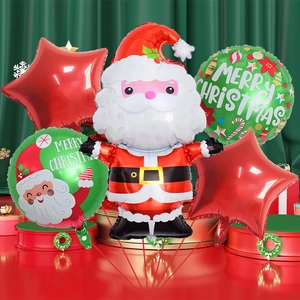 Christmas balloon set featuring Santa Claus, red stars, and green Merry Christmas foil balloons