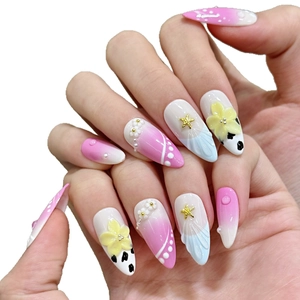Handmade almond press-on nails with 3D floral carvings, sea stars and pearl accents